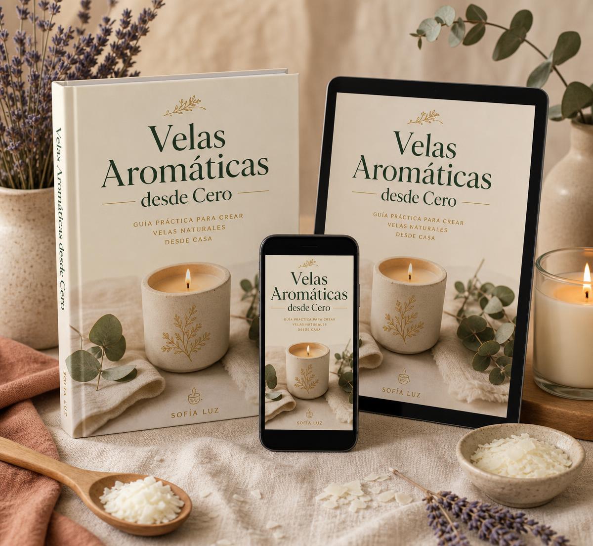 Guía Velas Aromáticas desde Cero mostrada en libro impreso, tablet y celular